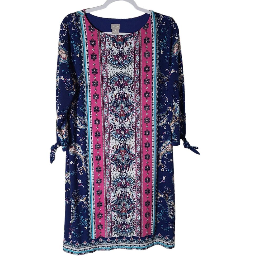 Chico's 3/4 Sleeve stretch mini dress Women's Large Petite Blue Pink Boho Hippie